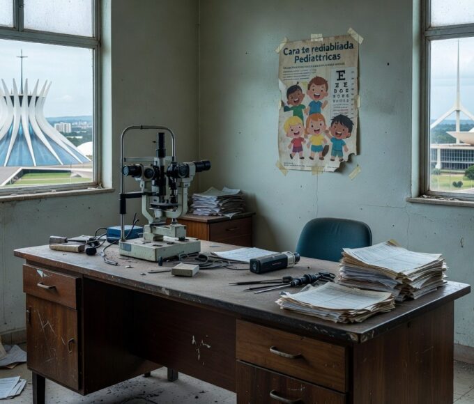 Sala de oftalmologia em Brasília com equipamentos antigos e documentos desorganizados, representando críticas à política de saúde visual infantil da CLDF.