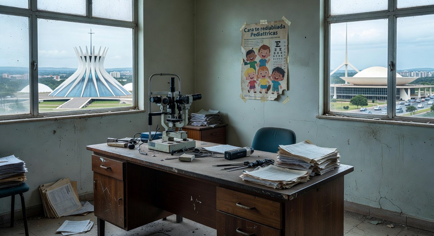 Sala de oftalmologia em Brasília com equipamentos antigos e documentos desorganizados, representando críticas à política de saúde visual infantil da CLDF.