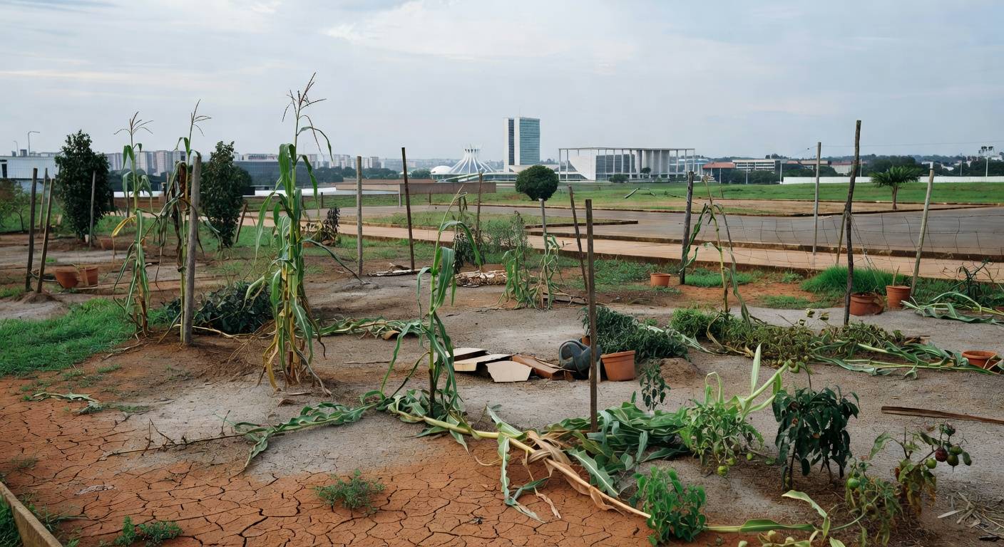Horta urbana abandonada em Brasília, com plantas secas e solo árido, destacando falhas na agricultura local.