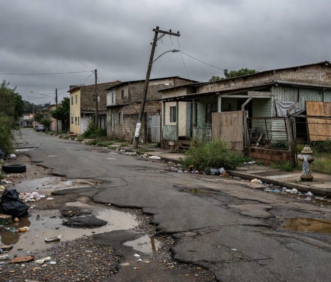 Rua deteriorada em Nova Colina, Brasília, ilustrando descaso crônico denunciado em audiência na CLDF.