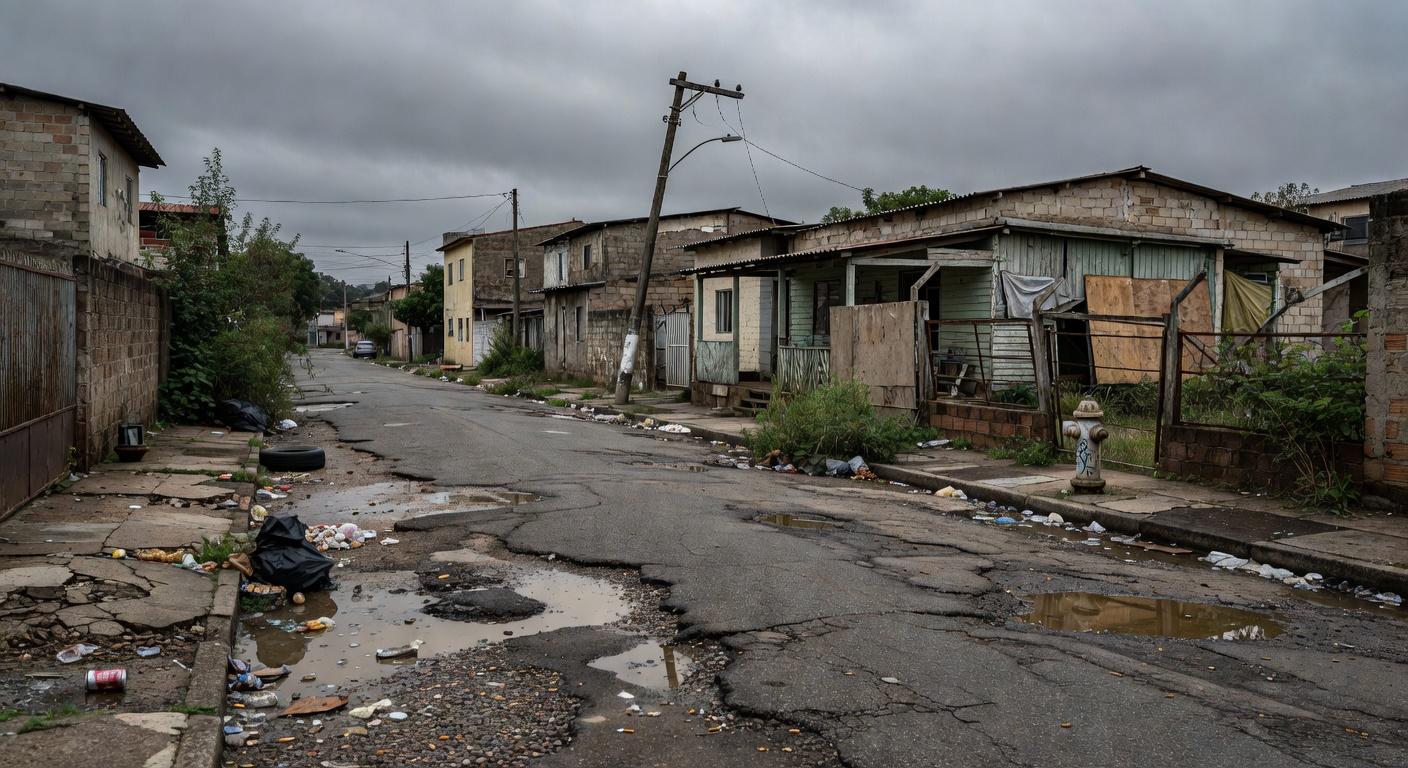 Rua deteriorada em Nova Colina, Brasília, ilustrando descaso crônico denunciado em audiência na CLDF.