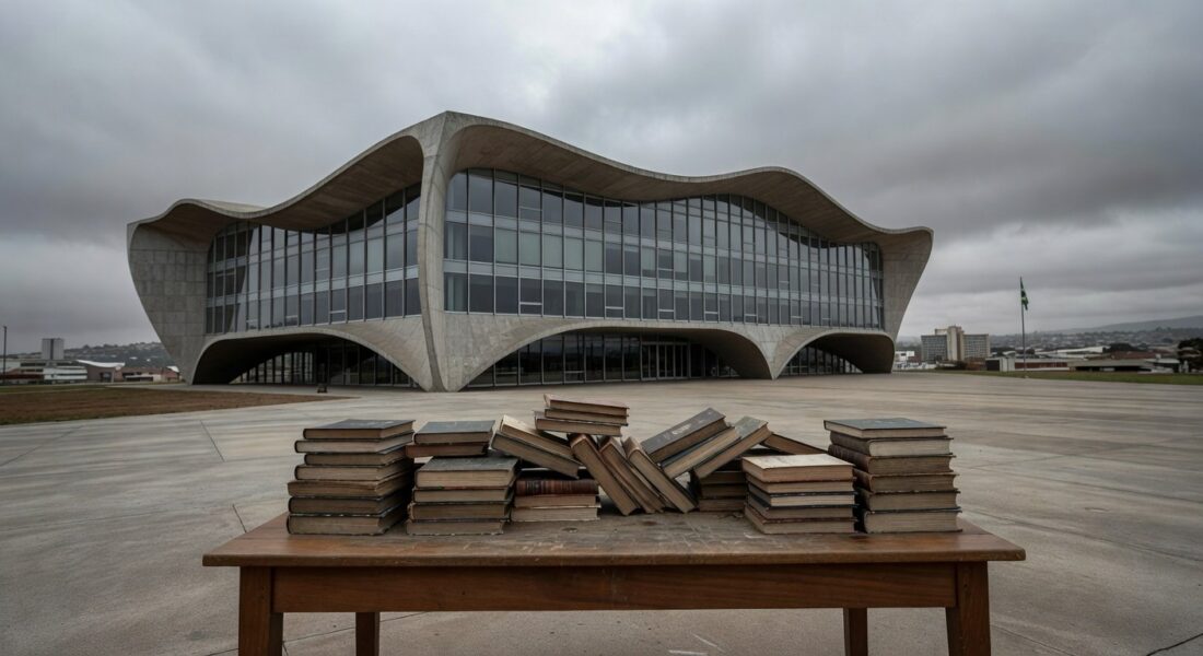 Edifício da CLDF em Brasília com livros desorganizados, simbolizando lançamento amid críticas por ineficiências e escândalos.