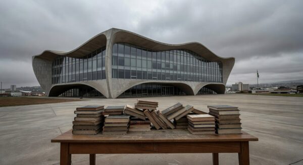 Edifício da CLDF em Brasília com livros desorganizados, simbolizando lançamento amid críticas por ineficiências e escândalos.