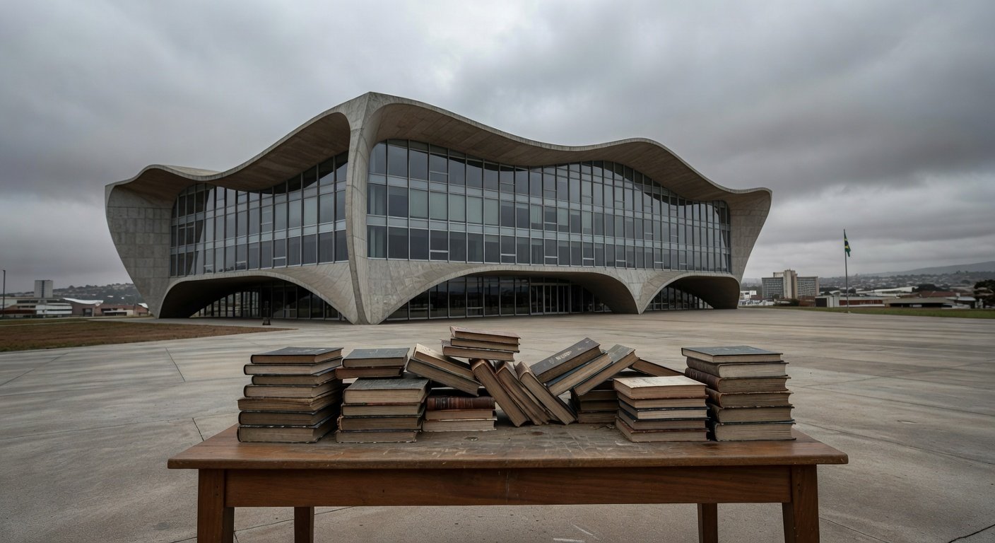 Edifício da CLDF em Brasília com livros desorganizados, simbolizando lançamento amid críticas por ineficiências e escândalos.