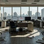 Redação de jornal brasileira vazia em 2026, com telas em branco e papéis espalhados, representando falta de dados factuais para notícias.