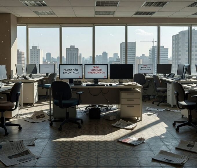 Redação de jornal brasileira vazia em 2026, com telas em branco e papéis espalhados, representando falta de dados factuais para notícias.