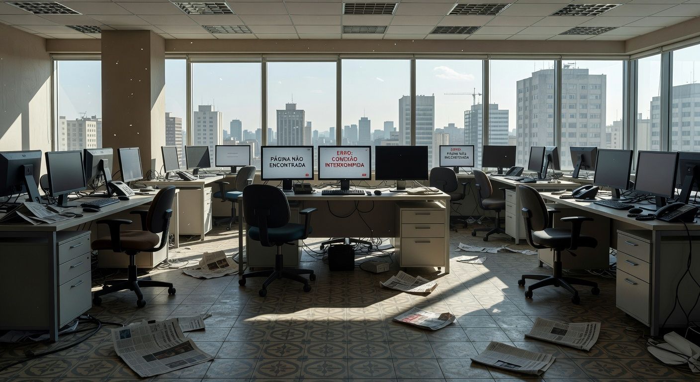 Redação de jornal brasileira vazia em 2026, com telas em branco e papéis espalhados, representando falta de dados factuais para notícias.