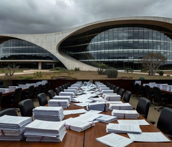 Edifício da Câmara Legislativa do DF com documentos espalhados, representando debate sobre falhas em lei contra supremacismo.