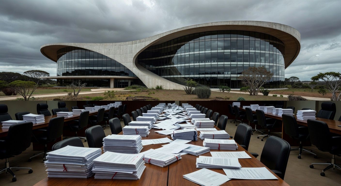 Edifício da Câmara Legislativa do DF com documentos espalhados, representando debate sobre falhas em lei contra supremacismo.