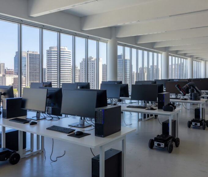 Sala de conferências em São Paulo com equipamentos tecnológicos para torneio nacional de tecnologia disputado por estudantes do DF.