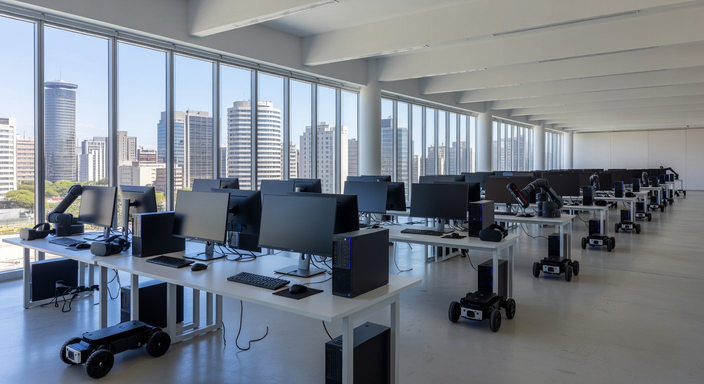 Sala de conferências em São Paulo com equipamentos tecnológicos para torneio nacional de tecnologia disputado por estudantes do DF.