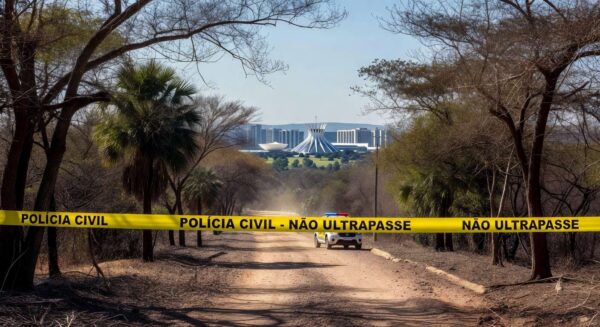 Cena de investigação policial no Distrito Federal com fita de isolamento e viatura da Polícia Civil.