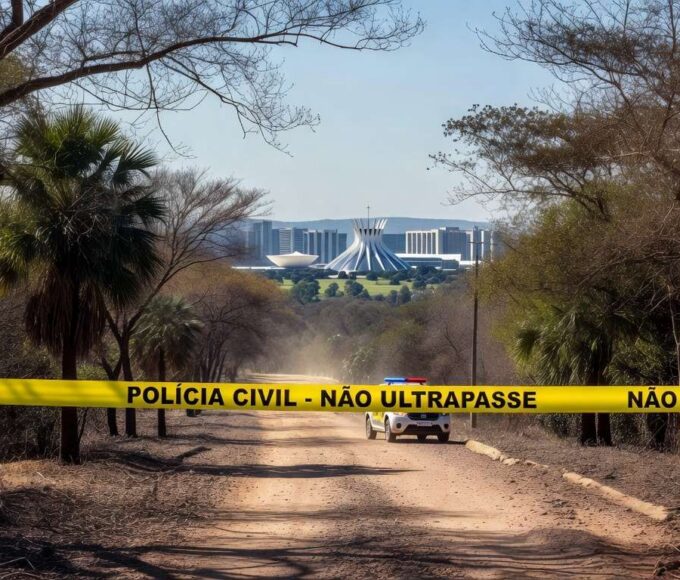 Cena de investigação policial no Distrito Federal com fita de isolamento e viatura da Polícia Civil.