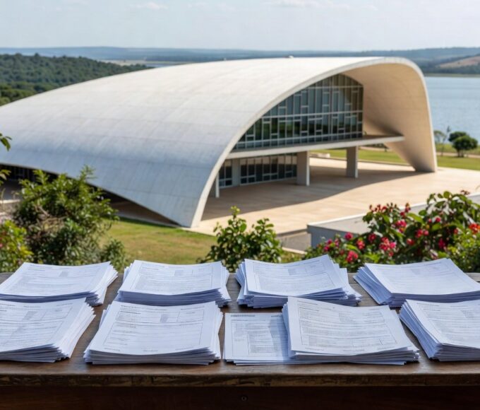 Mesa com pilhas de documentos burocráticos da Caesb em Brasília, representando burocracia excludente no DF.