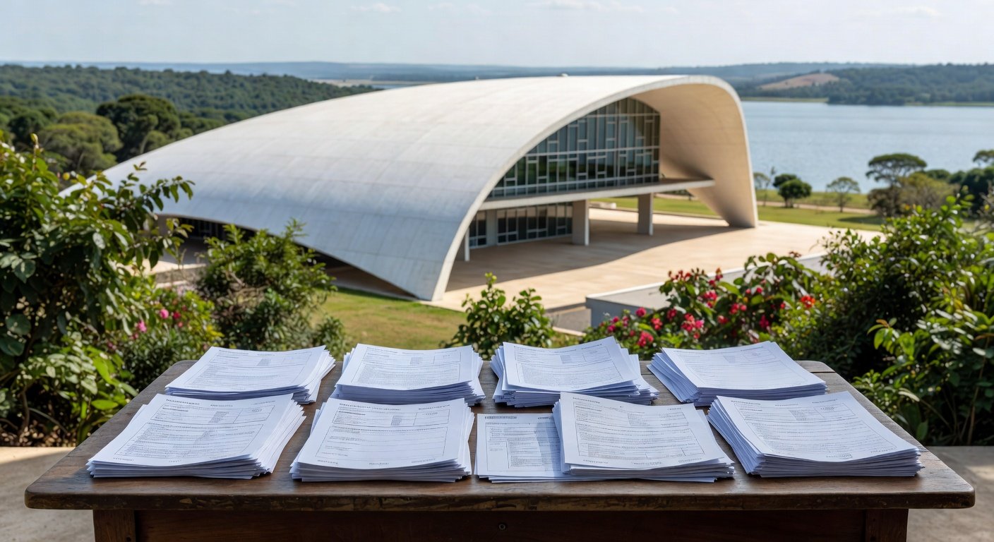 Mesa com pilhas de documentos burocráticos da Caesb em Brasília, representando burocracia excludente no DF.
