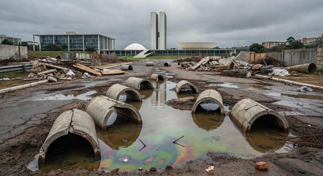 Tubulações de esgoto danificadas em rua de Brasília, ilustrando crise de saneamento no DF com expansão tardia de redes de água.