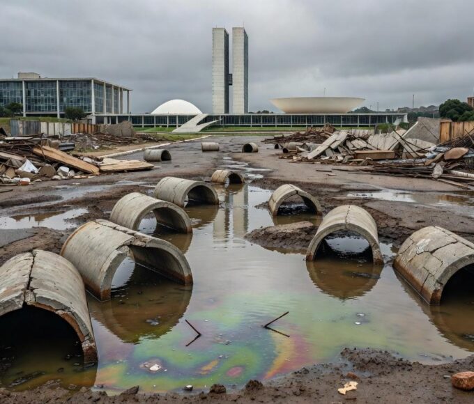 Tubulações de esgoto danificadas em rua de Brasília, ilustrando crise de saneamento no DF com expansão tardia de redes de água.