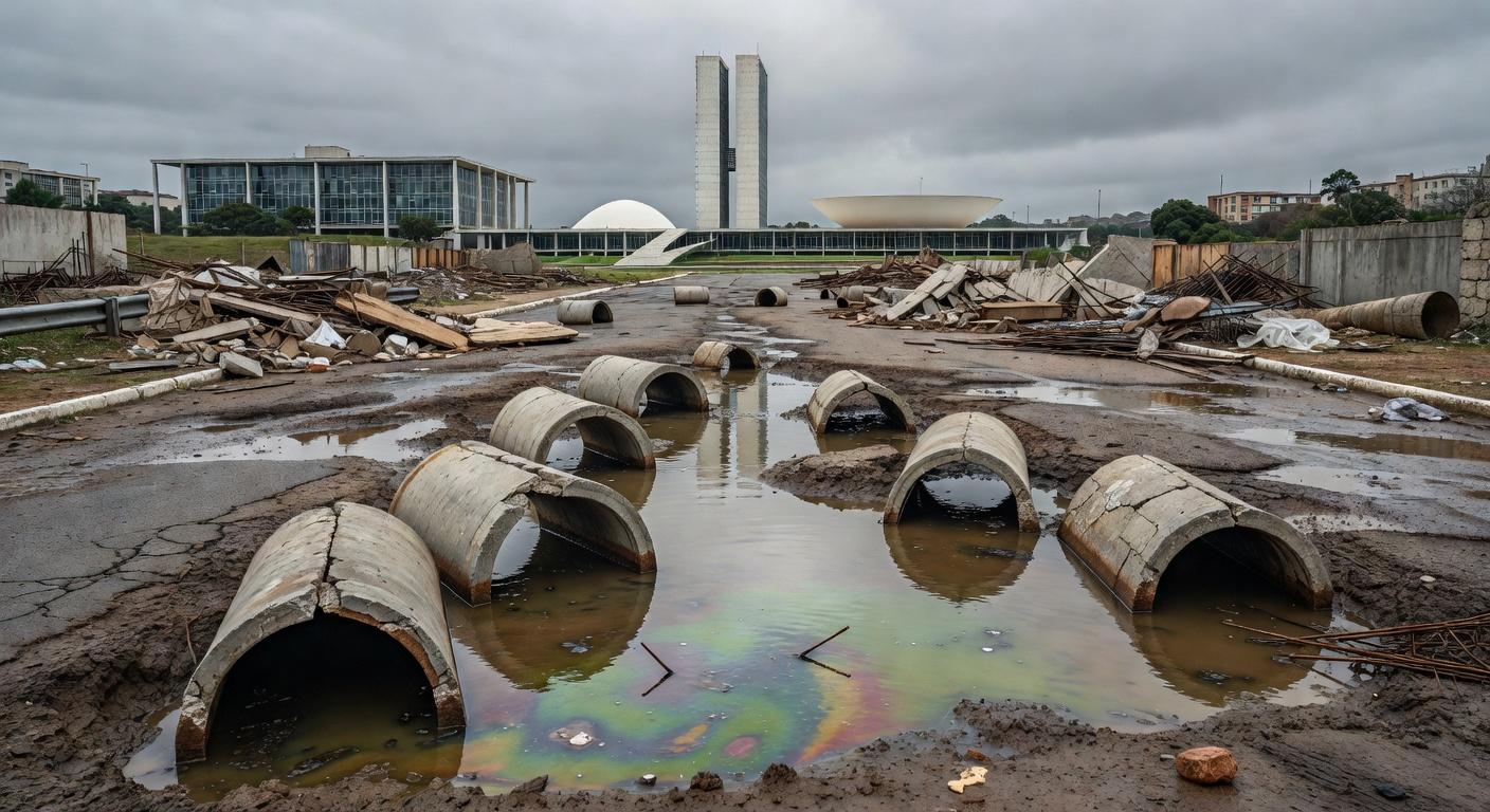 Tubulações de esgoto danificadas em rua de Brasília, ilustrando crise de saneamento no DF com expansão tardia de redes de água.