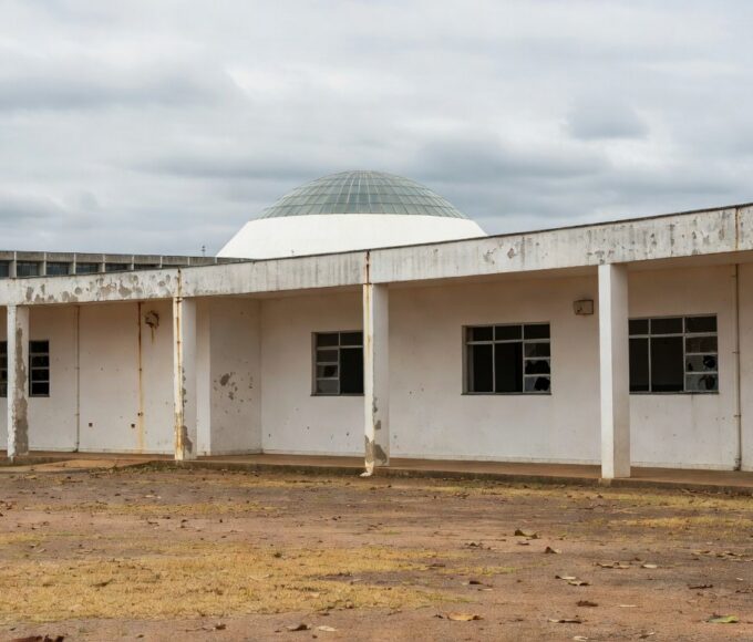 Escola pública abandonada em Brasília, com Câmara Legislativa ao fundo, destacando crises educacionais no DF.