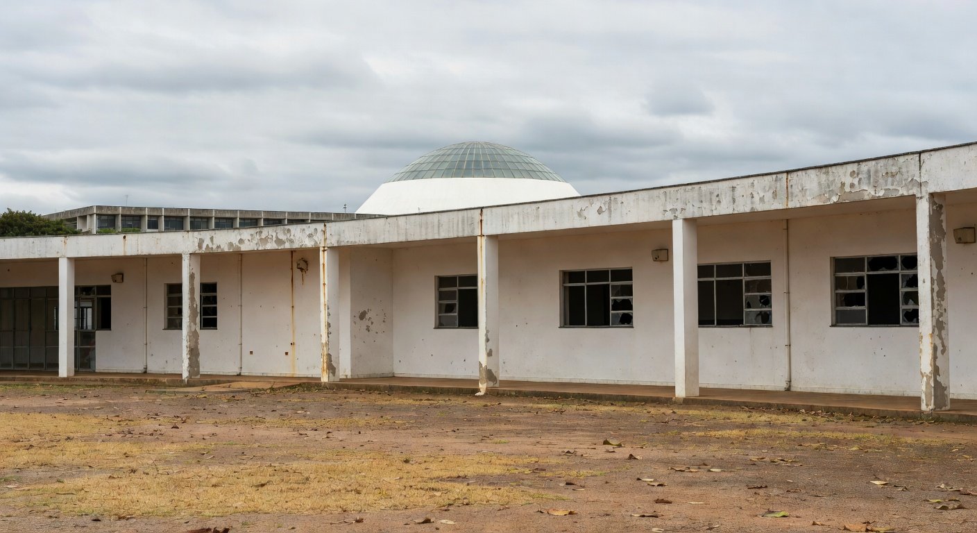 Escola pública abandonada em Brasília, com Câmara Legislativa ao fundo, destacando crises educacionais no DF.