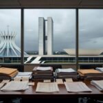 Edifício da CLDF em Brasília com céu nublado e documentos financeiros, representando desconfiança em gestão do BRB.