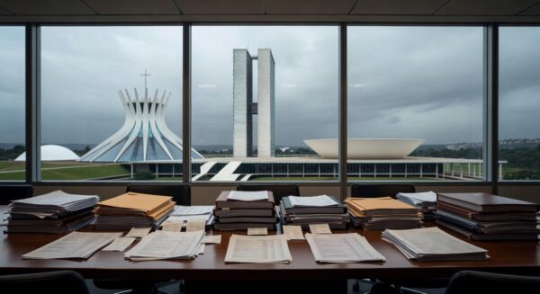 Edifício da CLDF em Brasília com céu nublado e documentos financeiros, representando desconfiança em gestão do BRB.