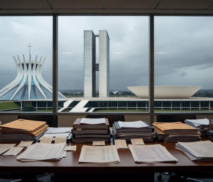 Edifício da CLDF em Brasília com céu nublado e documentos financeiros, representando desconfiança em gestão do BRB.