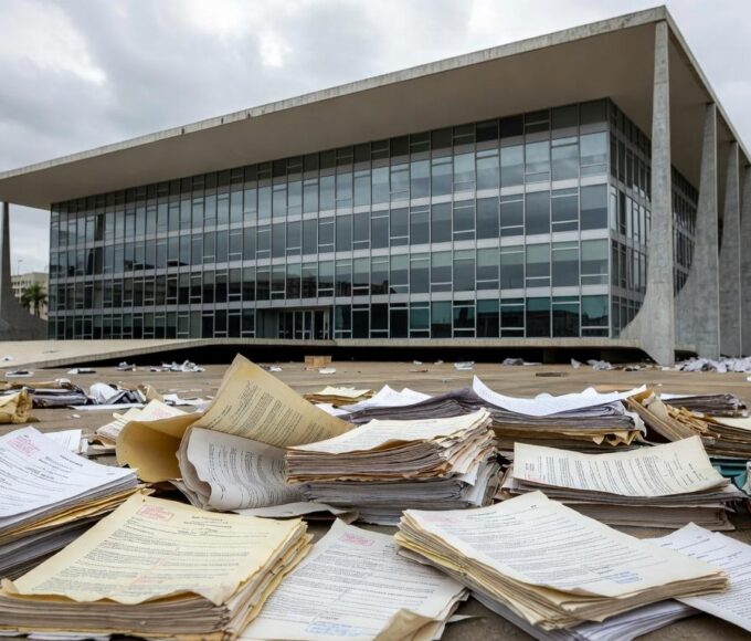 Edifício da CLDF em Brasília com documentos espalhados, representando críticas por desperdício de recursos em homenagens.