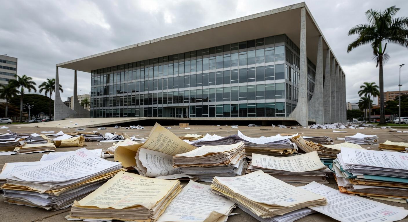 Edifício da CLDF em Brasília com documentos espalhados, representando críticas por desperdício de recursos em homenagens.