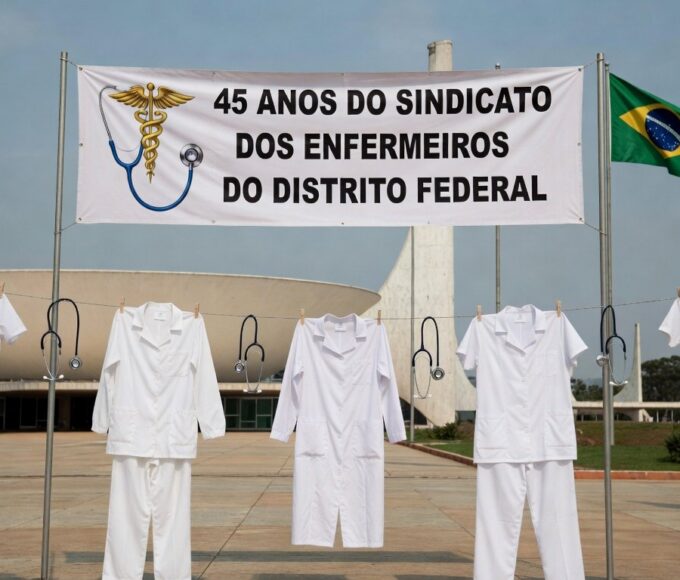 Edifício da CLDF em Brasília com banner de 45 anos do Sindicato dos Enfermeiros, simbolizando celebração e críticas por demandas ignoradas.