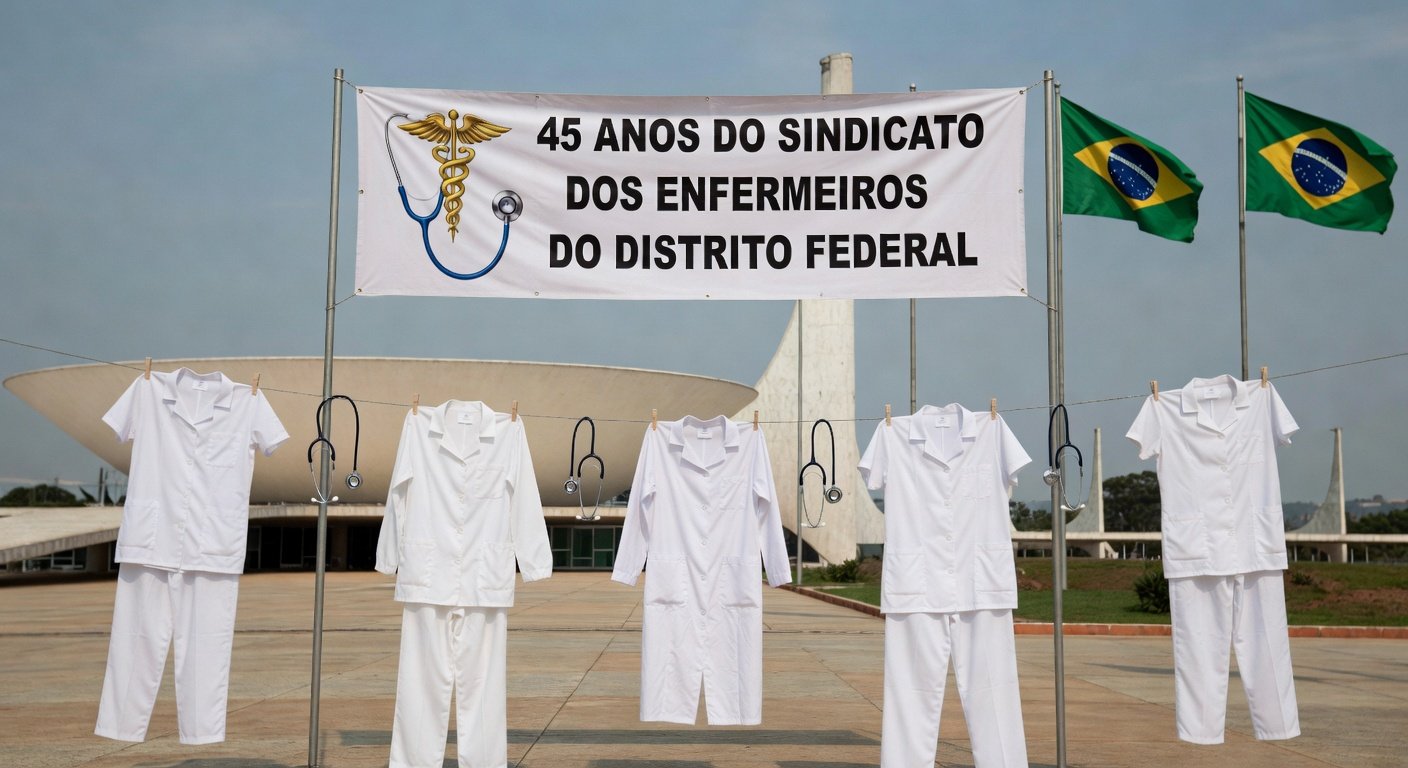 Edifício da CLDF em Brasília com banner de 45 anos do Sindicato dos Enfermeiros, simbolizando celebração e críticas por demandas ignoradas.
