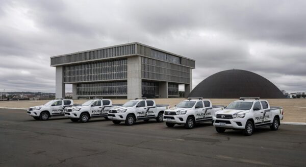 Fachada da CLDF com viaturas da Polícia Civil do DF, representando apoio a projeto e críticas à Previdência.
