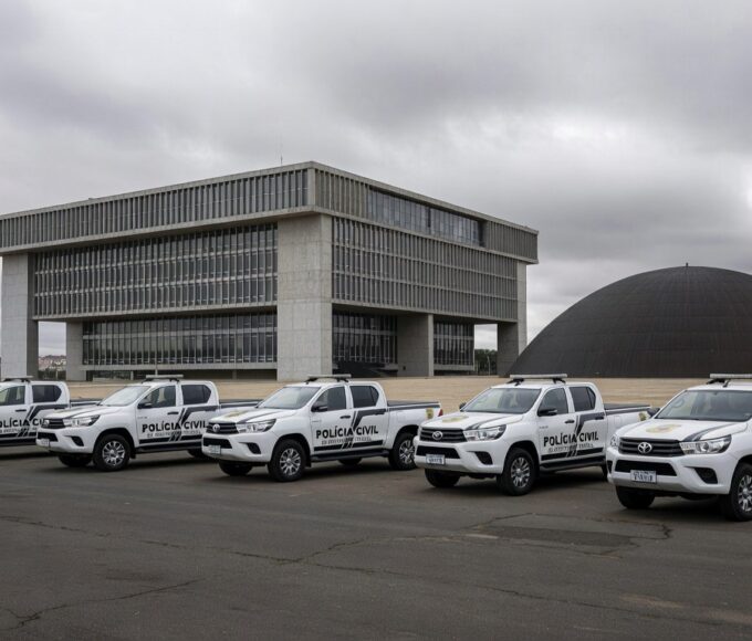 Fachada da CLDF com viaturas da Polícia Civil do DF, representando apoio a projeto e críticas à Previdência.