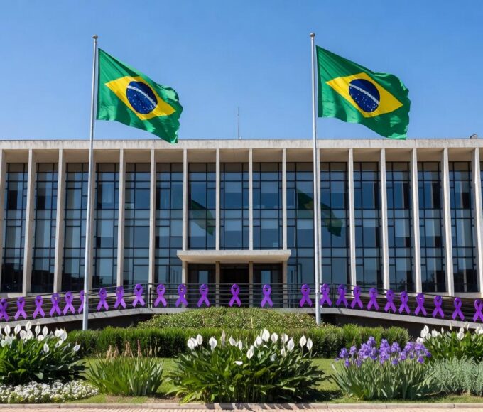 Tribunal de justiça em Brasília com símbolos de campanha contra violência à mulher, como fitas roxas e flores de paz.