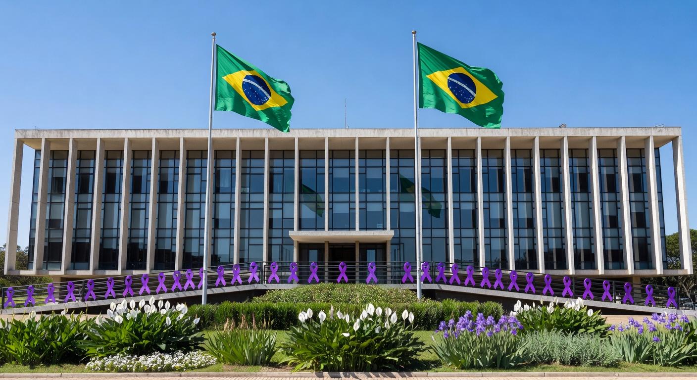 Tribunal de justiça em Brasília com símbolos de campanha contra violência à mulher, como fitas roxas e flores de paz.
