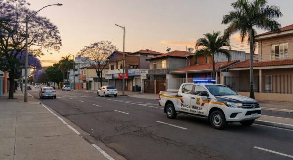 Viatura da PMDF em rua de Taguatinga durante operação de prisão por roubo.