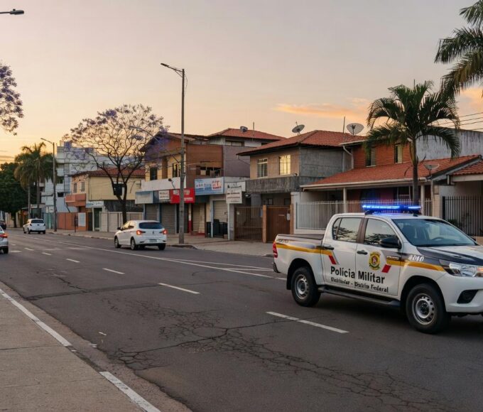 Viatura da PMDF em rua de Taguatinga durante operação de prisão por roubo.