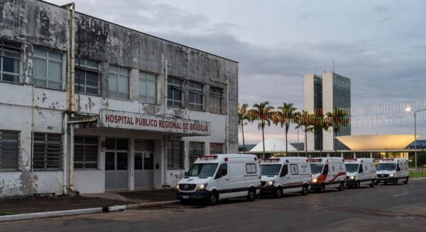 Fachada deteriorada de hospital público em Brasília, expondo falhas na saúde do DF.