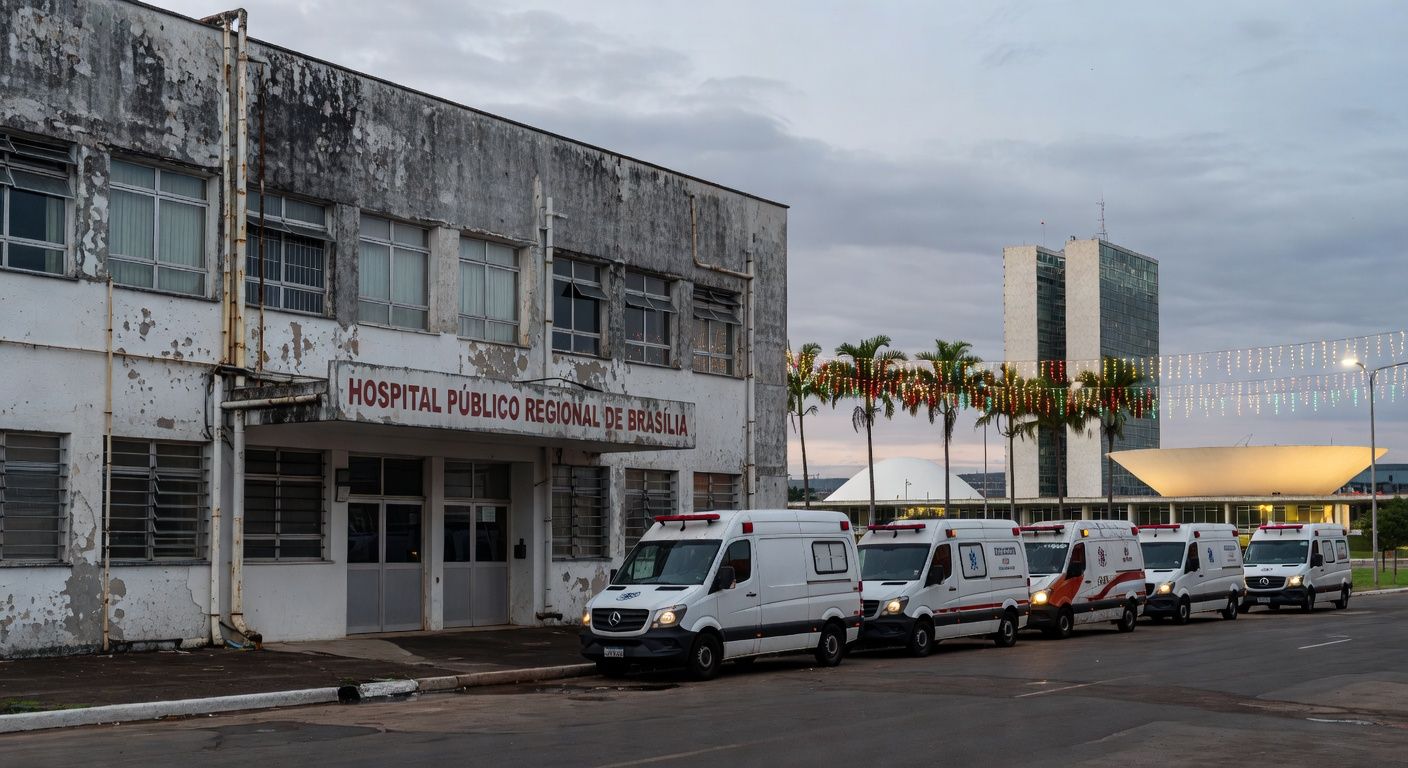 Fachada deteriorada de hospital público em Brasília, expondo falhas na saúde do DF.