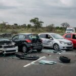 Acidente com quatro veículos na DF-150 em Sobradinho, deixando três feridos, cena de colisão na rodovia do Distrito Federal.