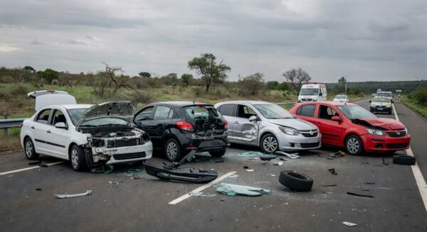 Acidente com quatro veículos na DF-150 em Sobradinho, deixando três feridos, cena de colisão na rodovia do Distrito Federal.