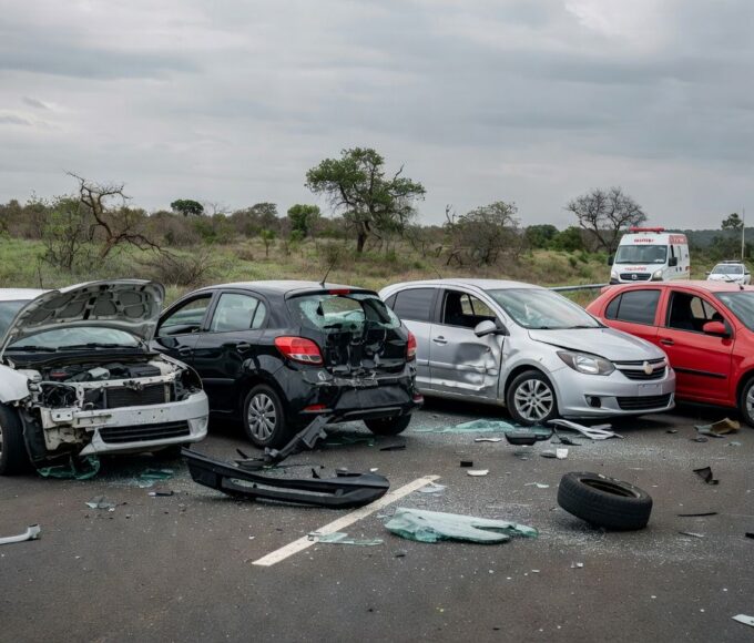 Acidente com quatro veículos na DF-150 em Sobradinho, deixando três feridos, cena de colisão na rodovia do Distrito Federal.