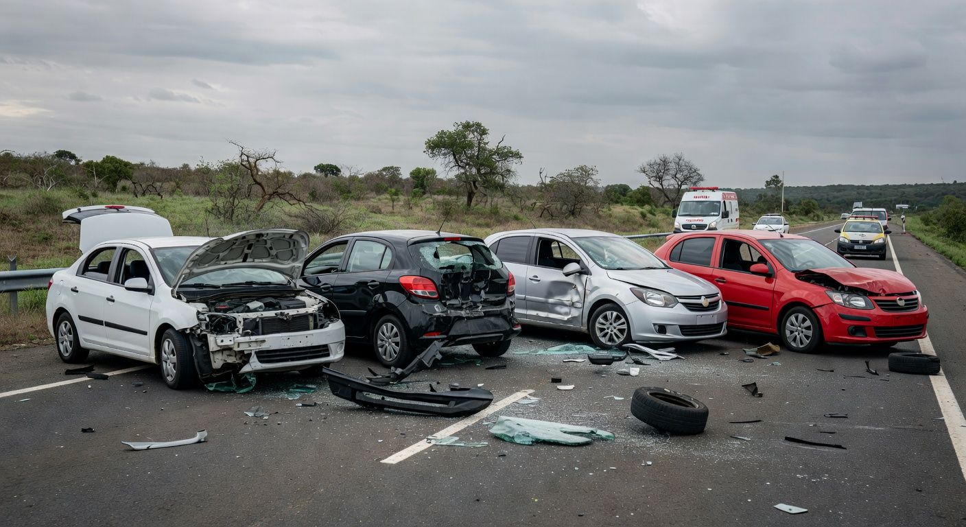 Acidente com quatro veículos na DF-150 em Sobradinho, deixando três feridos, cena de colisão na rodovia do Distrito Federal.
