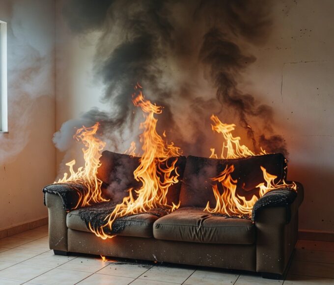 Móvel em chamas em sala de casa no DF após discussão com esposa.
