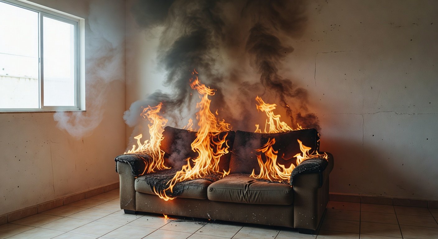 Móvel em chamas em sala de casa no DF após discussão com esposa.