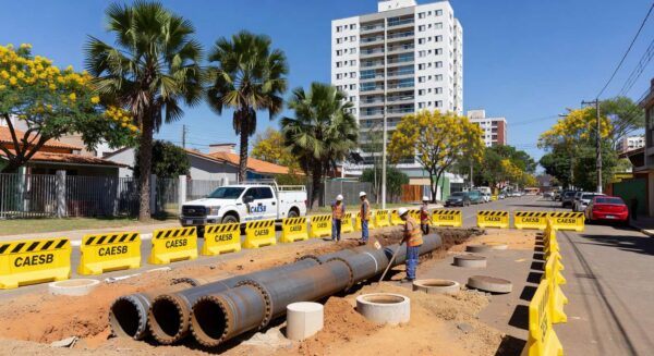 Manutenção da Caesb em Taguatinga causa interrupção temporária de água, com equipamentos e tubulações em rua urbana.