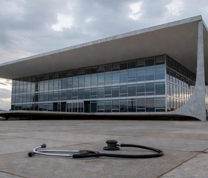 Cena de crise na saúde e segurança em Brasília, com hospital público e viaturas policiais abandonadas.