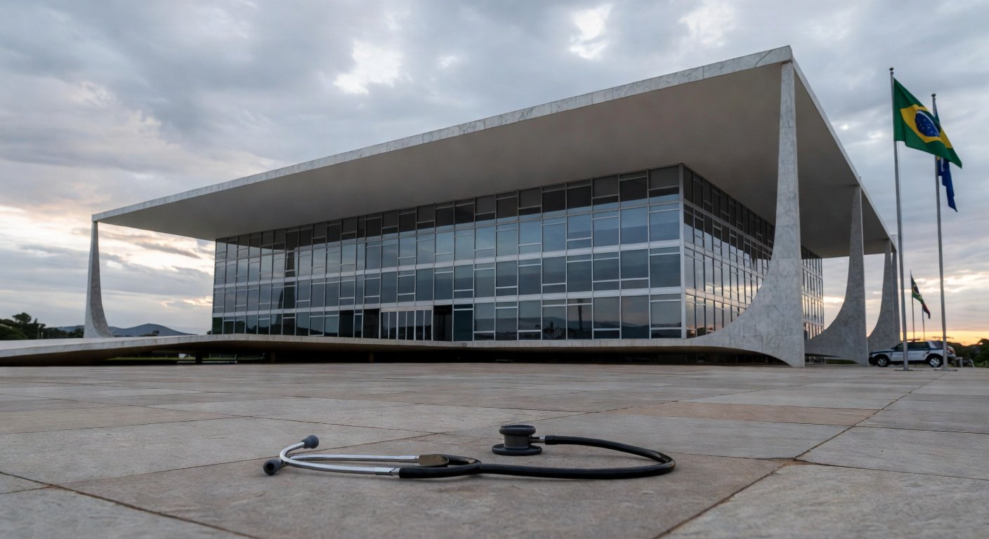 Cena de crise na saúde e segurança em Brasília, com hospital público e viaturas policiais abandonadas.