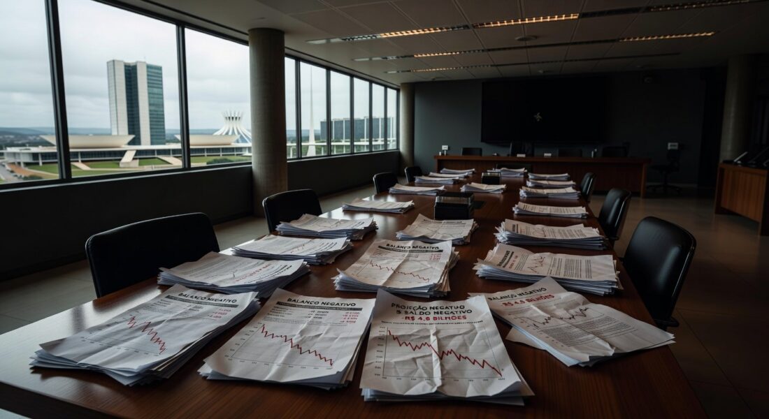 Documentos fiscais desorganizados em audiência na CLDF, representando desequilíbrios fiscais do GDF para 2025.