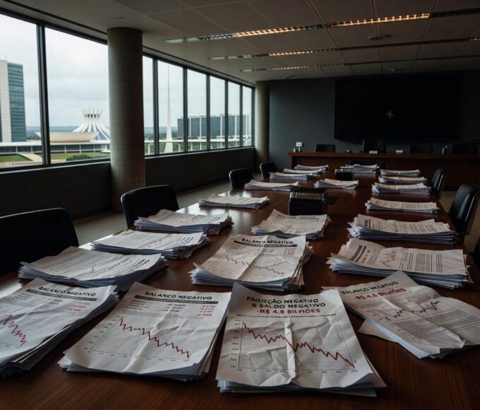 Documentos fiscais desorganizados em audiência na CLDF, representando desequilíbrios fiscais do GDF para 2025.